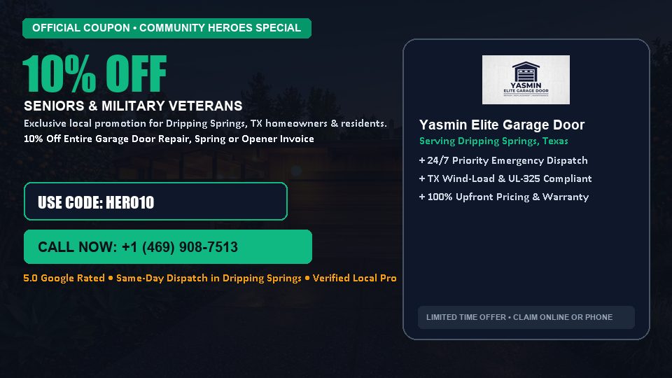 Yasmin Elite Garage Door 10% OFF Seniors & Military Veterans in Dripping Springs, TX